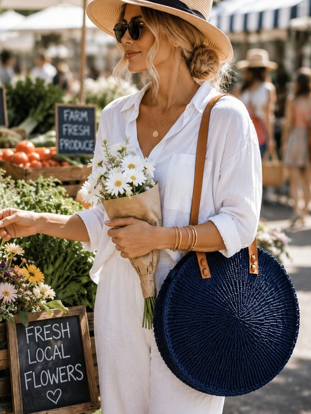 ROUND Woven NAVY BLUE Natural Fiber COASTAL TOTE Leather Strap Boho Beach BAG